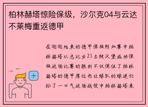 柏林赫塔惊险保级，沙尔克04与云达不莱梅重返德甲